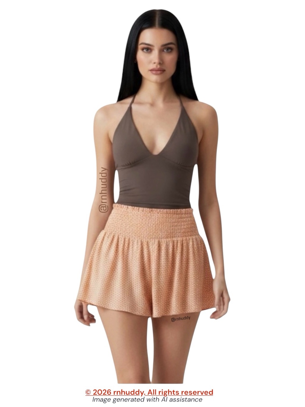Aerie M peach brown dots smocked high waist shorts